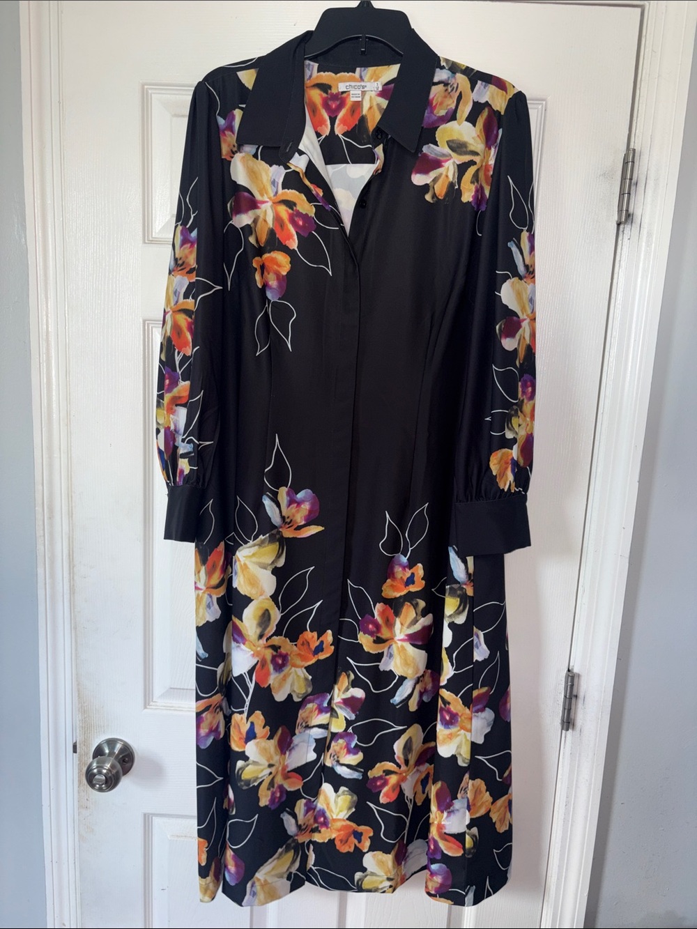 Chico's Black Floral Button-Front Long-Sleeve Midi Dress